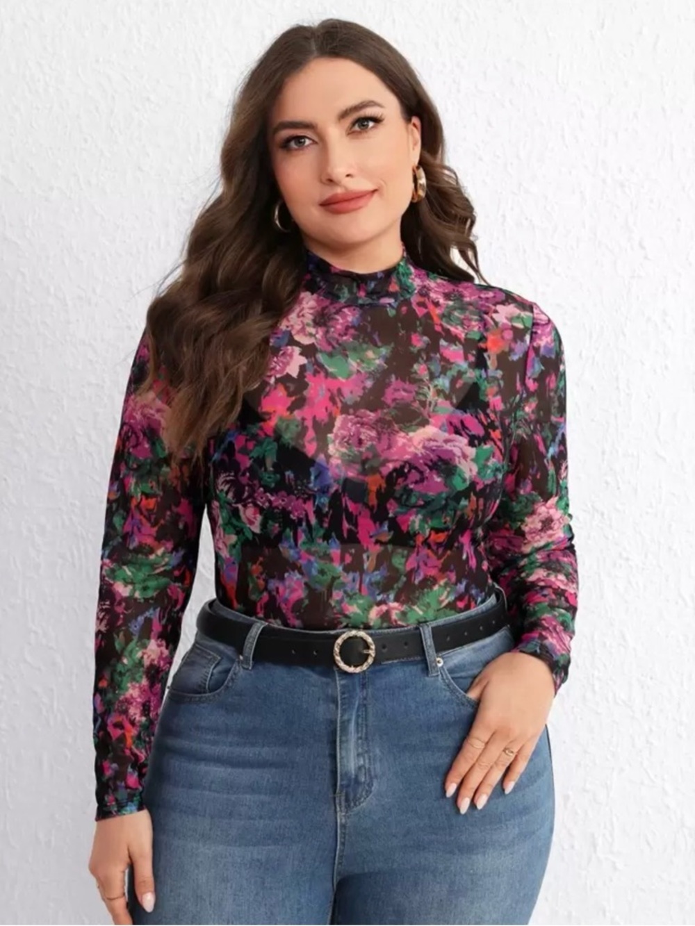 SHEIN Black Floral Sheer Mock Neck Long Sleeve Top